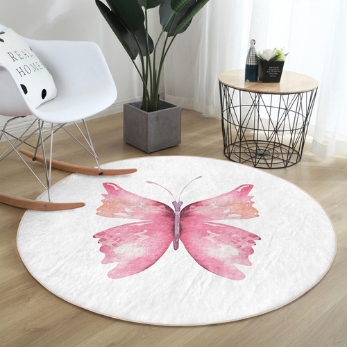 Pink Butterfly Round Rug – Washable Circle Carpet