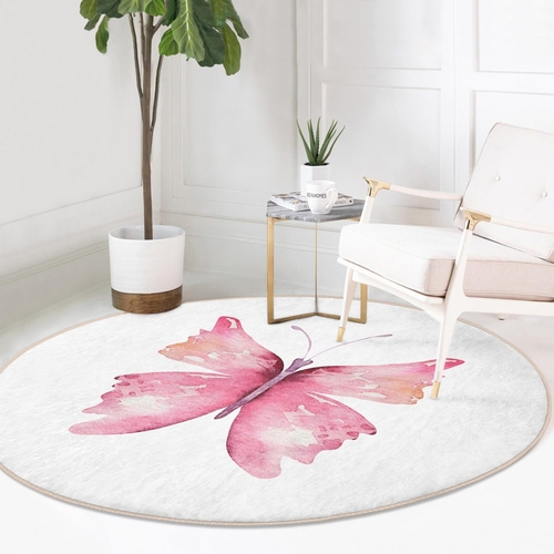 Pink Butterfly Round Rug – Washable Circle Carpet