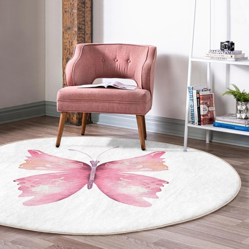 Pink Butterfly Round Rug – Washable Circle Carpet