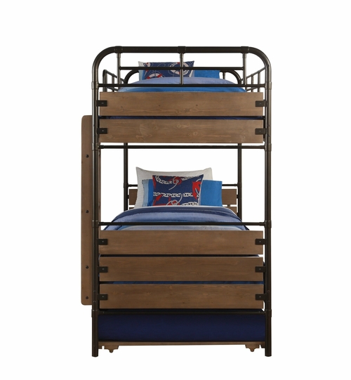 Antique Oak and Gunmetal Twin Over Twin Bunk Bed