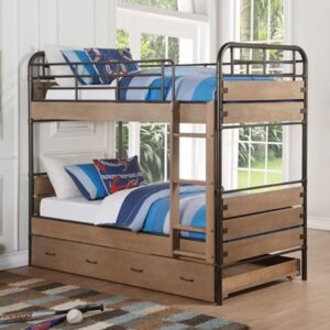 Antique Oak and Gunmetal Twin Over Twin Bunk Bed