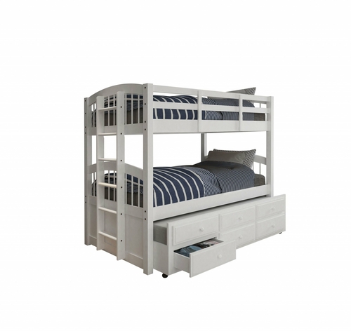 White Twin Bunk Bed with Trundle and Storage Drawers
