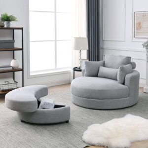 Swivel Accent Barrel Chair with Storage Ottoman – Modern Grey