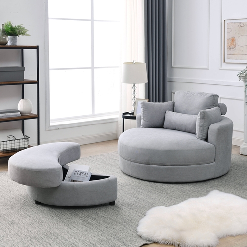 Swivel Accent Barrel Chair with Storage Ottoman – Modern Grey