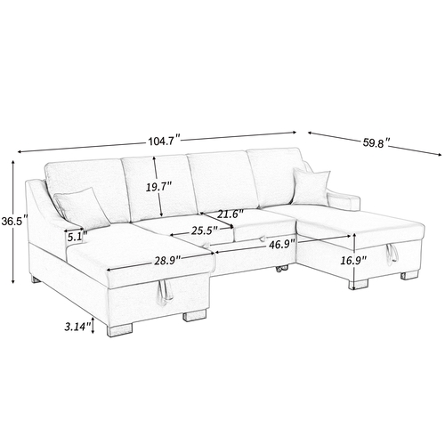Upholstery Sleeper Sectional Sofa with Storage Chaise