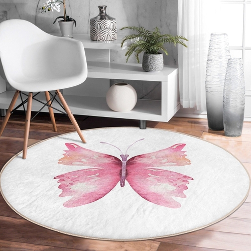Pink Butterfly Round Rug – Washable Circle Carpet
