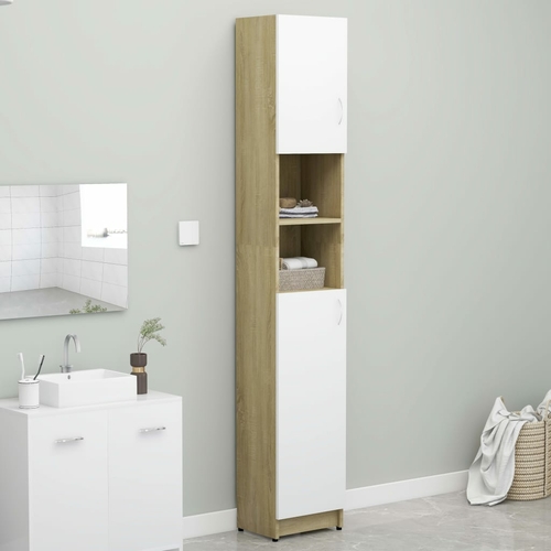 Tall White Bathroom Cabinet with Shelves and Doors