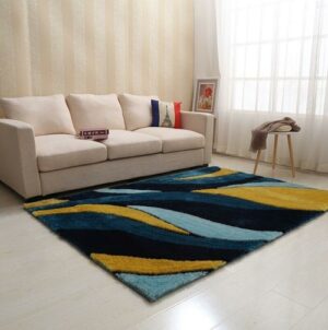 Aria Yellow and Blue Shag Area Rug | Modern Soft Pile Rug