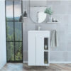 Modern White Vanity Cabinet with Double Doors and Open Shelves