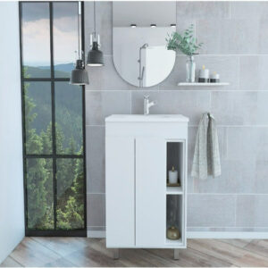 Modern White Vanity Cabinet with Double Doors and Open Shelves