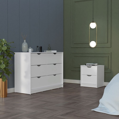 Bennett 2 Piece Bedroom Set, Nightstand + Dressera, White Finish