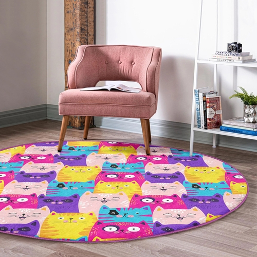 Cats Pattern Washable Round Rug for Home Decor