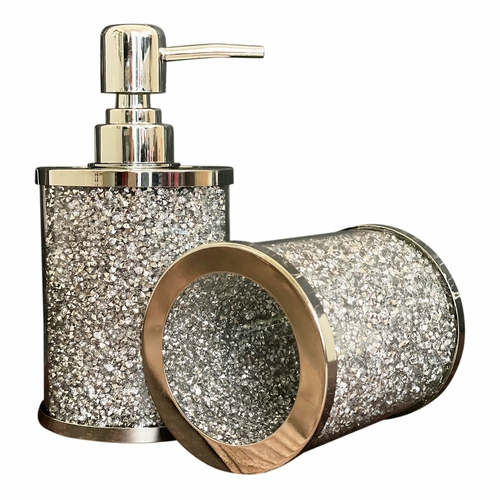 Silver Crushed Diamond Soap Dispenser and Toothbrush Holder with Tray