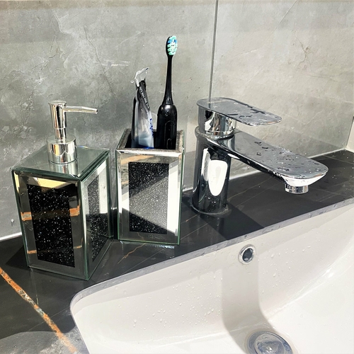Black Crushed Glass Soap Dispenser and Toothbrush Holder Set