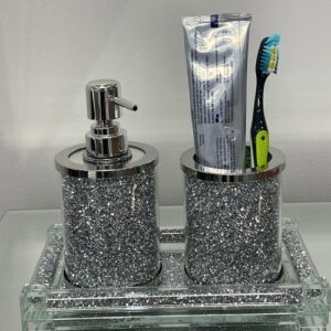 Silver Crushed Diamond Soap Dispenser and Toothbrush Holder with Tray