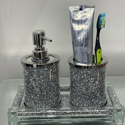 Silver Crushed Diamond Soap Dispenser and Toothbrush Holder with Tray