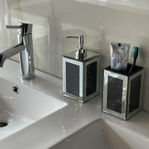 Black Crushed Glass Soap Dispenser and Toothbrush Holder Set