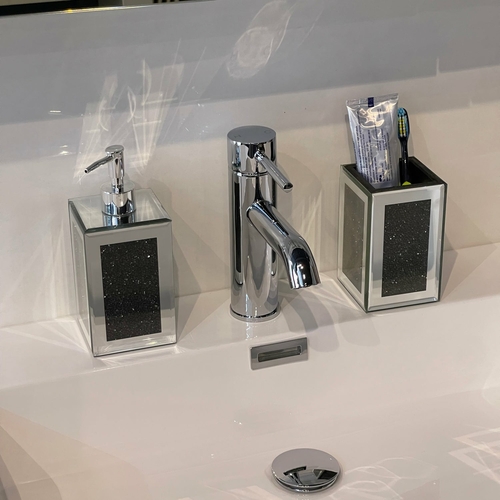 Black Crushed Glass Soap Dispenser and Toothbrush Holder Set