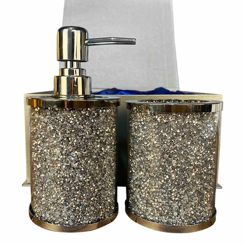 Silver Crushed Diamond Soap Dispenser and Toothbrush Holder with Tray