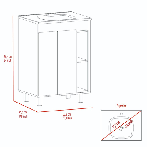Modern White Vanity Cabinet with Double Doors and Open Shelves