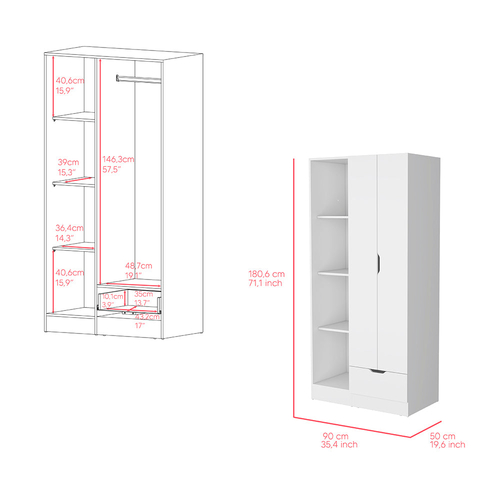 White Dover Armoire with Four Shelves and Drawer