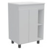 Modern White Vanity Cabinet with Double Doors and Open Shelves