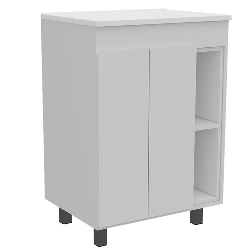 Modern White Vanity Cabinet with Double Doors and Open Shelves