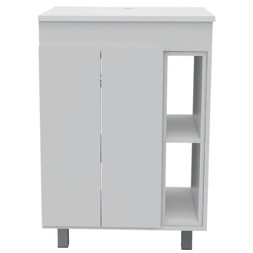 Modern White Vanity Cabinet with Double Doors and Open Shelves