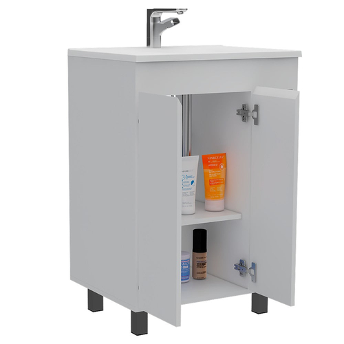 Modern White Vanity Cabinet with Double Doors and Open Shelves