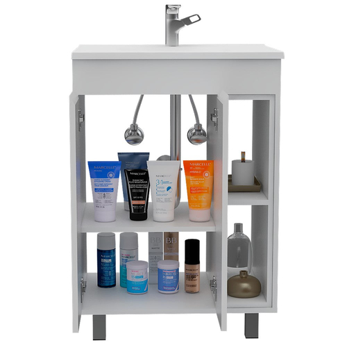 Modern White Vanity Cabinet with Double Doors and Open Shelves