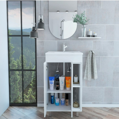 Modern White Vanity Cabinet with Double Doors and Open Shelves