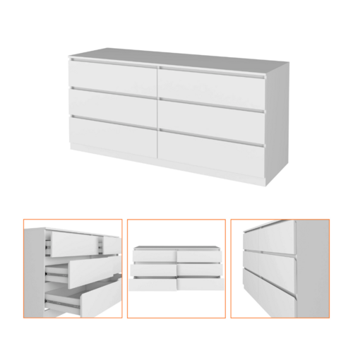6 Drawer Double Dresser Tronx, White Finish, Spacious Storage