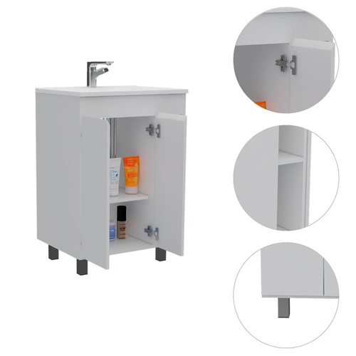 Modern White Vanity Cabinet with Double Doors and Open Shelves