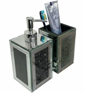 Black Crushed Glass Soap Dispenser and Toothbrush Holder Set