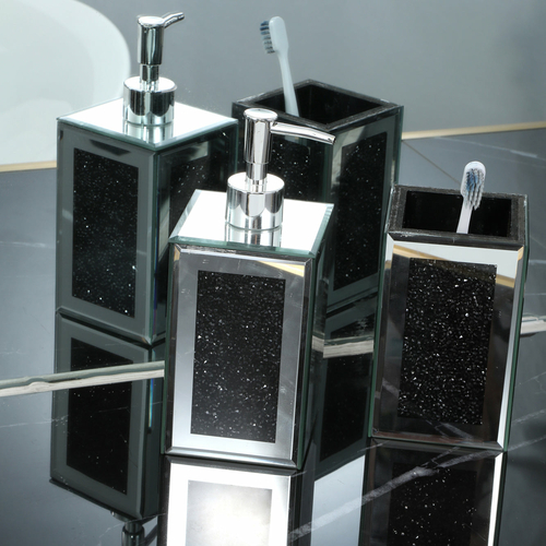 Black Crushed Glass Soap Dispenser and Toothbrush Holder Set