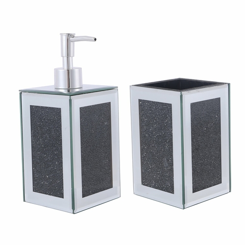 Black Crushed Glass Soap Dispenser and Toothbrush Holder Set
