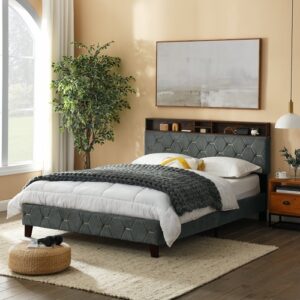 Queen Size Bed Frame, Shelf Upholstered Headboard with Charging Station