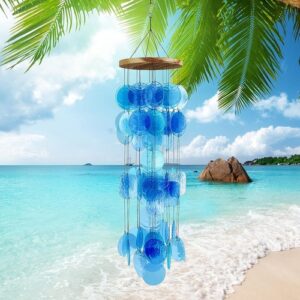 Blue Seashell Glass Wind Chimes 28" with Wall Stand Garden Decor