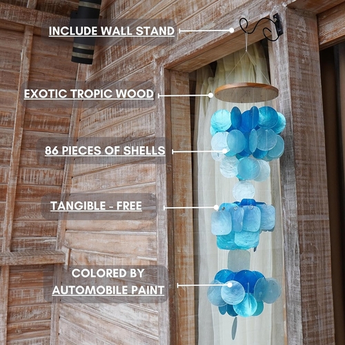 Blue Seashell Glass Wind Chimes 28" with Wall Stand Garden Decor
