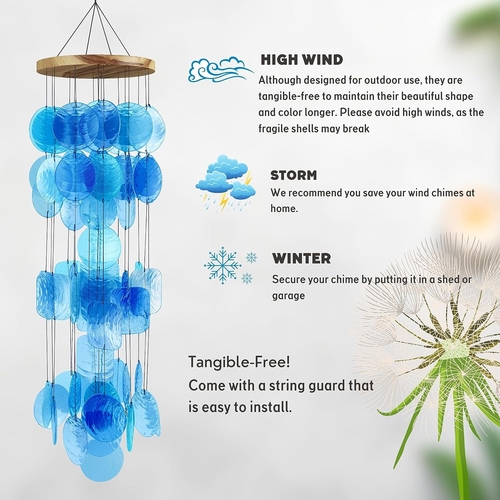 Blue Seashell Glass Wind Chimes 28" with Wall Stand Garden Decor