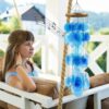 Blue Seashell Glass Wind Chimes 28" with Wall Stand Garden Decor
