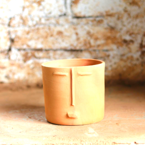 Artisan Ceramic Handmade Planter with Face Detail in Terracotta