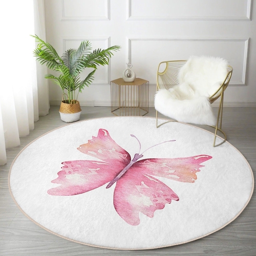 Pink Butterfly Round Rug – Washable Circle Carpet