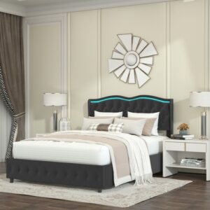 Queen Platform Bed Frame, Velvet Upholstered Bed with Storage