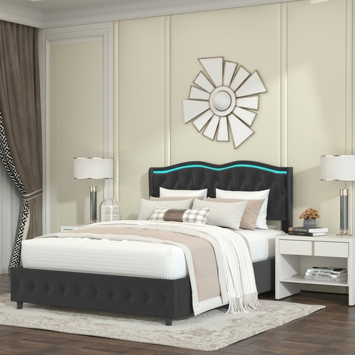 Queen Platform Bed Frame, Velvet Upholstered Bed with Storage