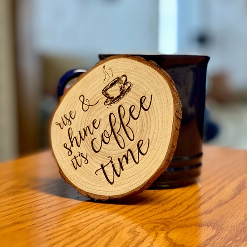 Set of "Coffee Time" Engraved Wood Coasters, Rustic Design