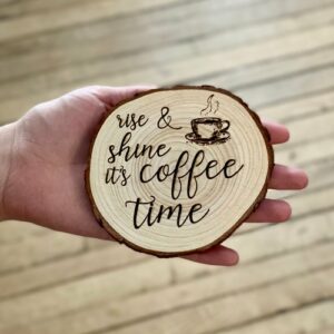 Set of "Coffee Time" Engraved Wood Coasters, Rustic Design