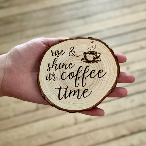Set of "Coffee Time" Engraved Wood Coasters, Rustic Design