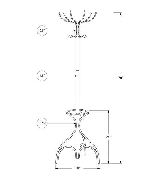 70-Inch Black Metal Coat Rack with Umbrella Holder