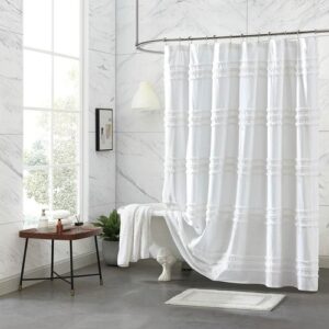 Decoriax White Cotton Chenille Stripe Shower Curtain – Machine Washable (72"x72")